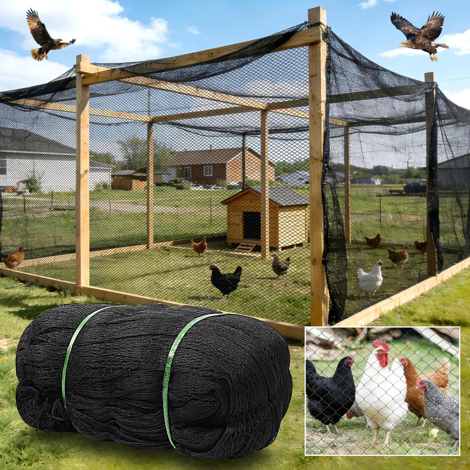 BobbleT 50x50ft heavy-duty HDPE poultry netting covers a wide coop area.