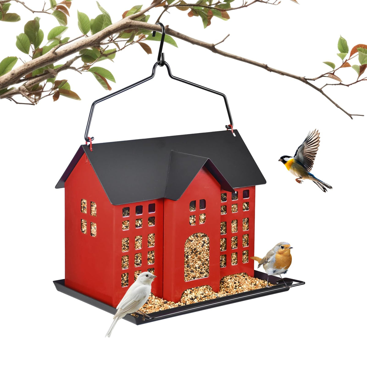 BOCHENTECH Hanging Bird Feeder side view shows a durable metal frame for year-round feeding.