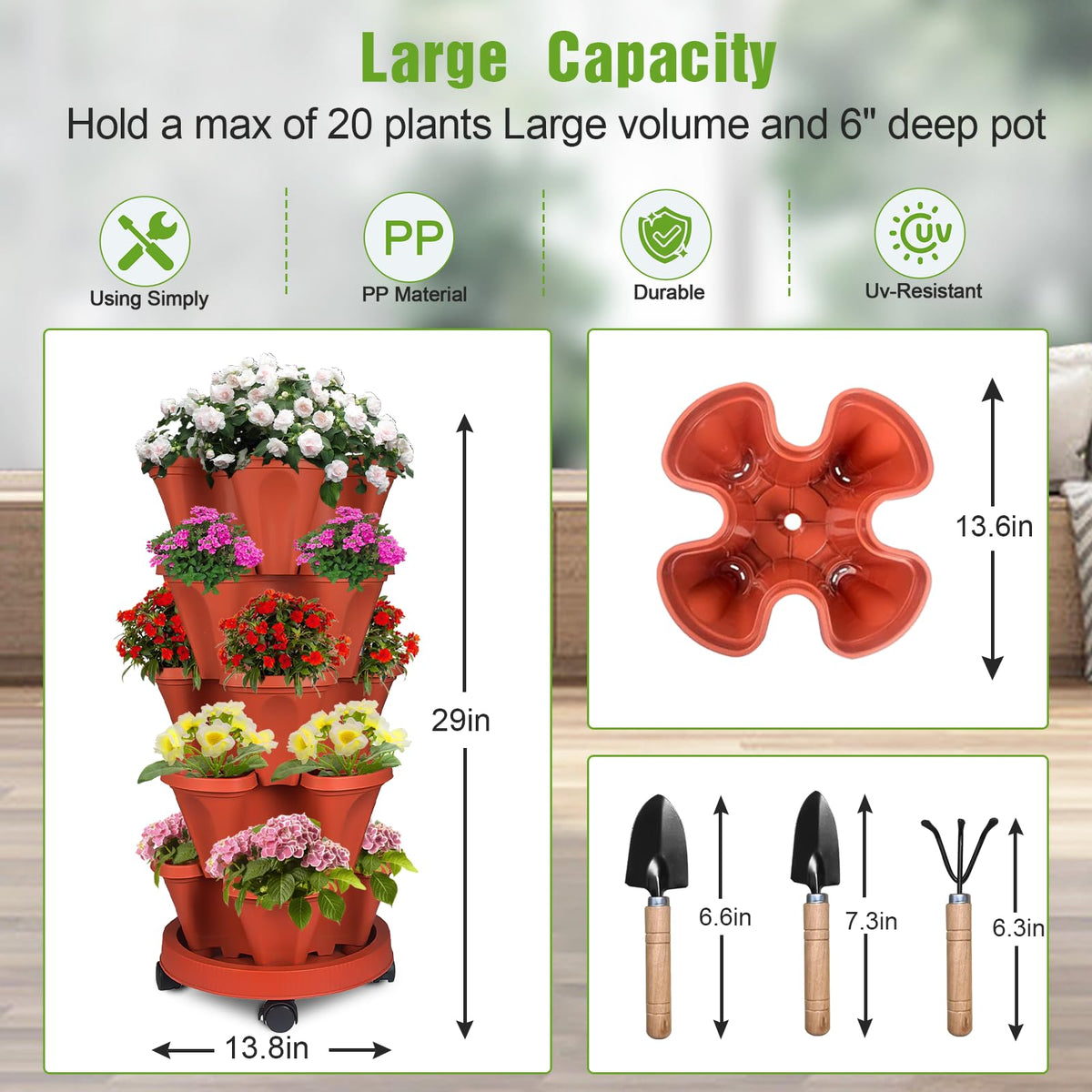 Bociks 5-tier stackable planter close-up of drainage system