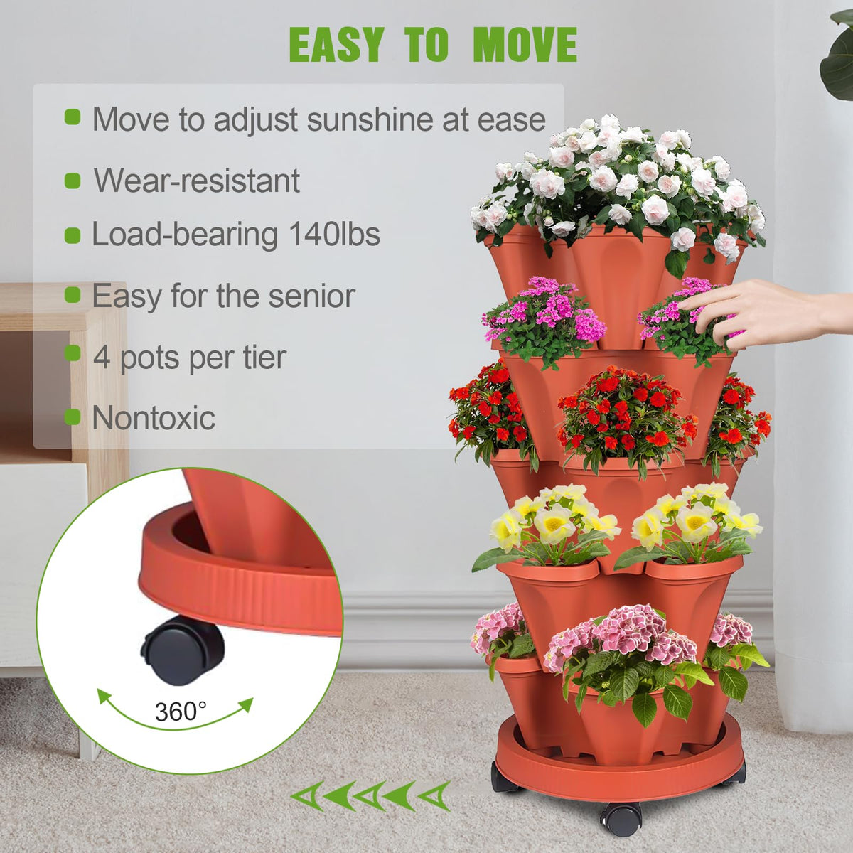 Bociks vertical planter with four-direction wheels for easy mobility
