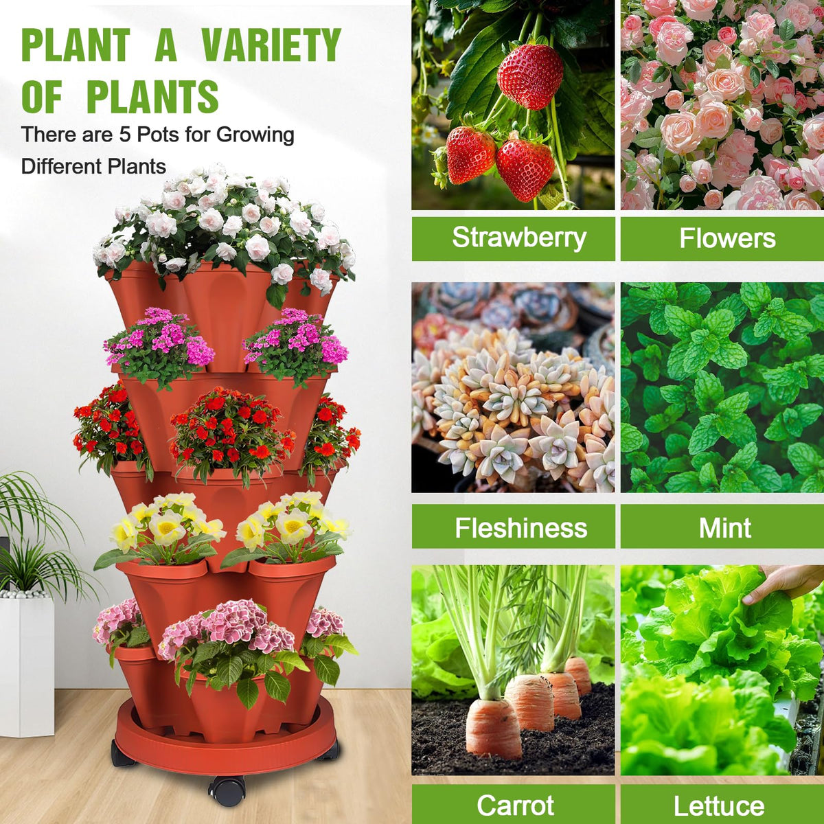 Bociks vertical planter side view highlights 5-tier height and easy access