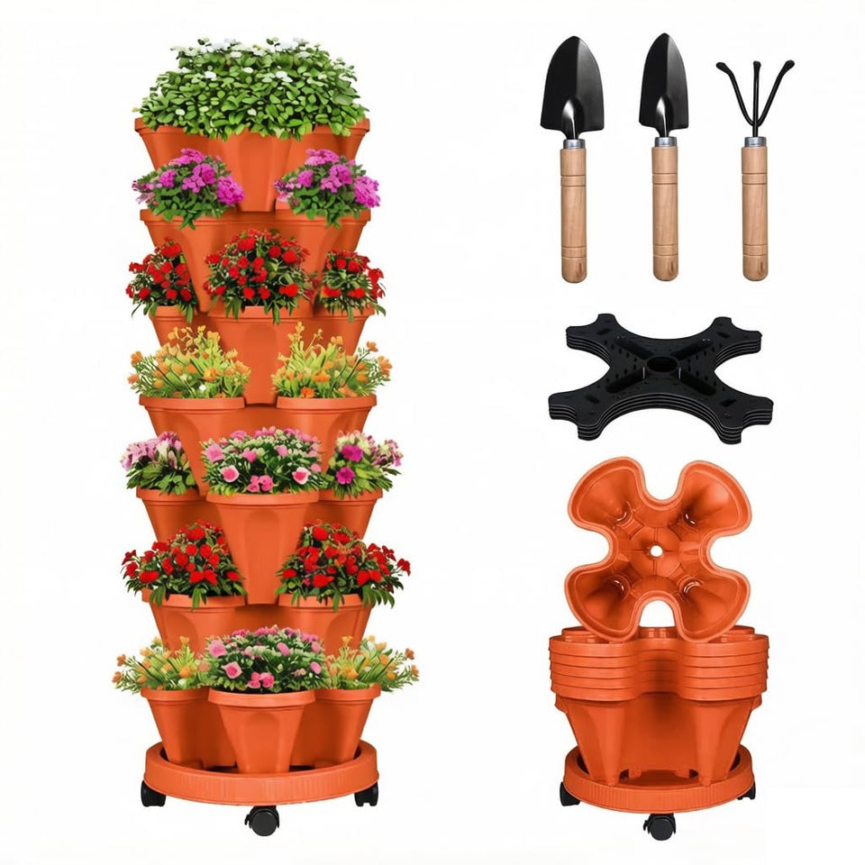 Bociks vertical strawberry planter 7-tier tower saves space for flowers and vegetables.