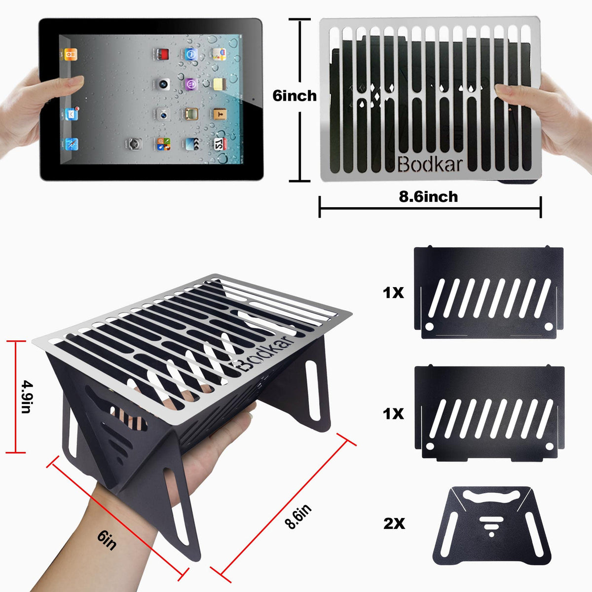 Bodkar Charcoal Grill folded book-size, compact for storage at home or on the go.