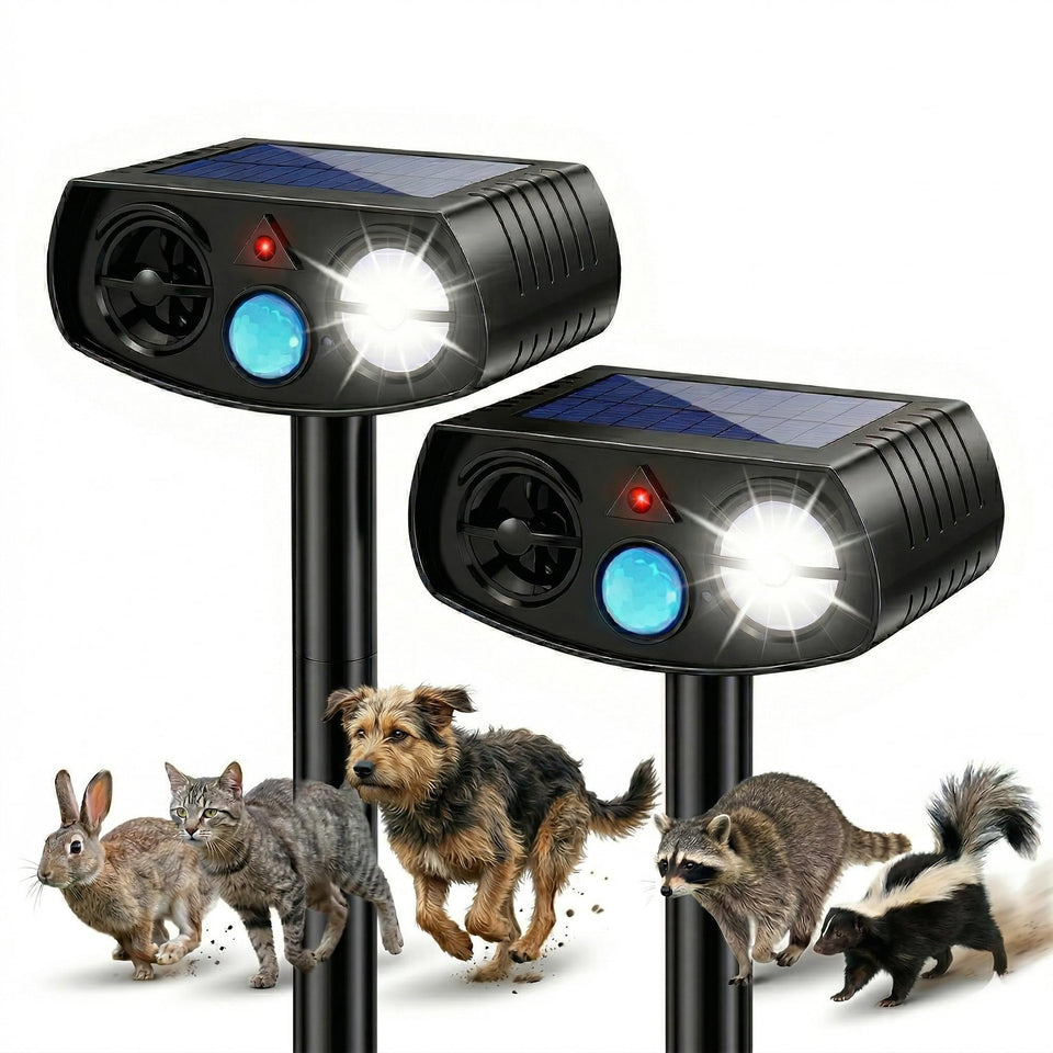 BOEEL Solar Ultrasonic Animal Repeller front view deters raccoons at dusk.