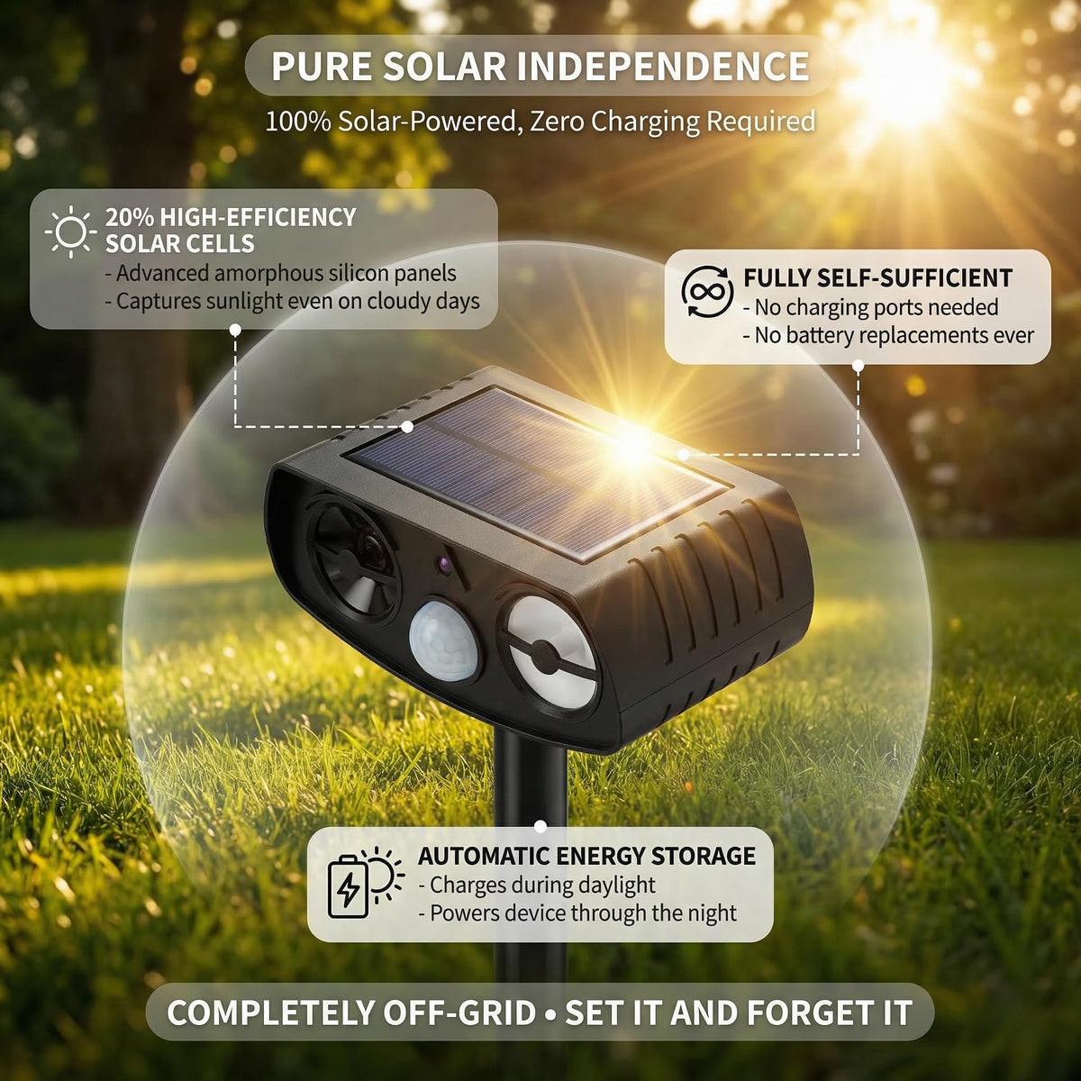 BOEEL Solar Ultrasonic Repeller waterproof housing withstands rain and sun.