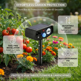 BOEEL Solar Ultrasonic Repeller mounted on fence line deters small animals.