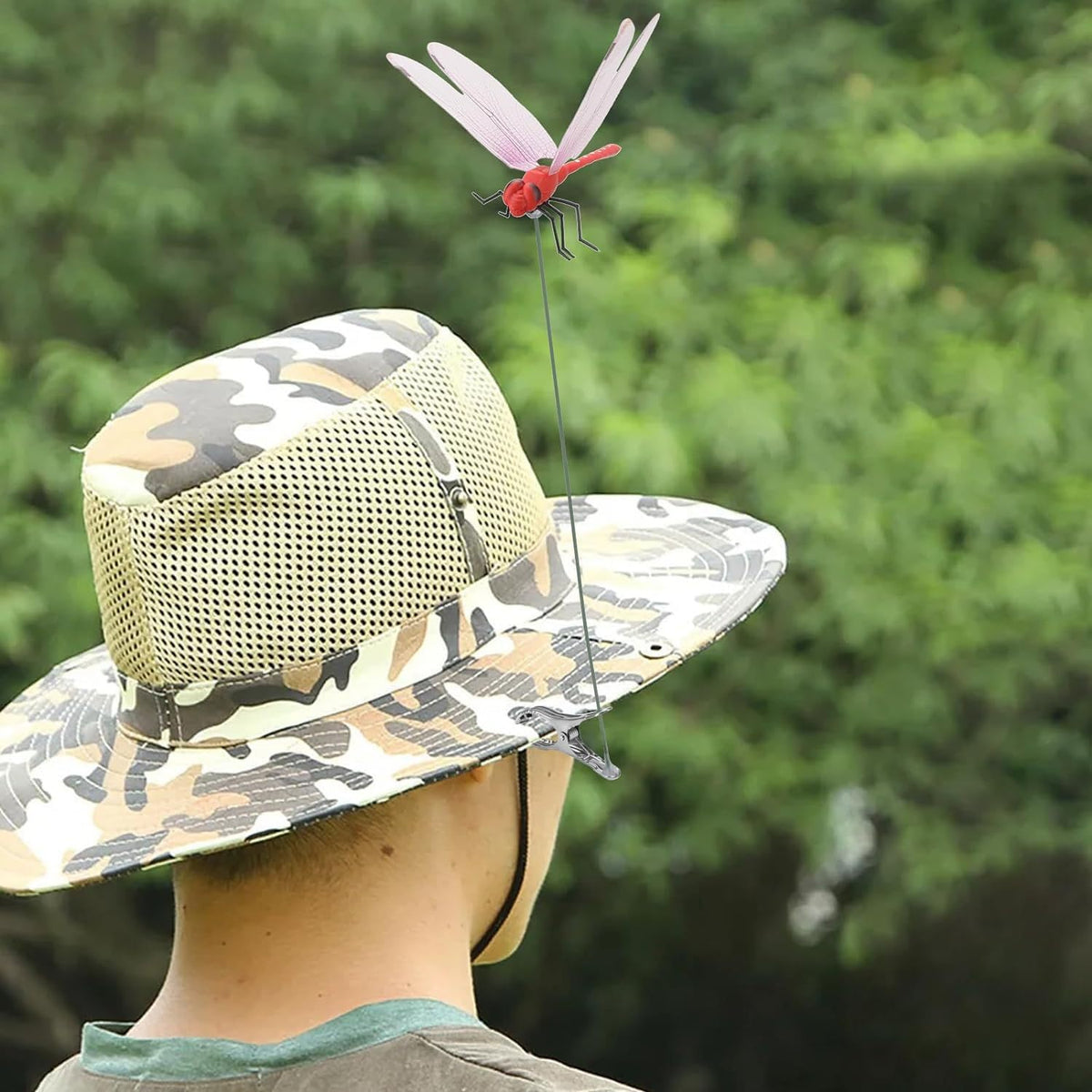 Red BOHESI 3D dragonfly garden stake provides a vivid focal point and deterrence.
