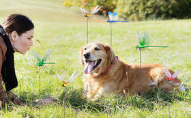 BOHESI dragonfly garden scare device mounted on a stake protects blooms.