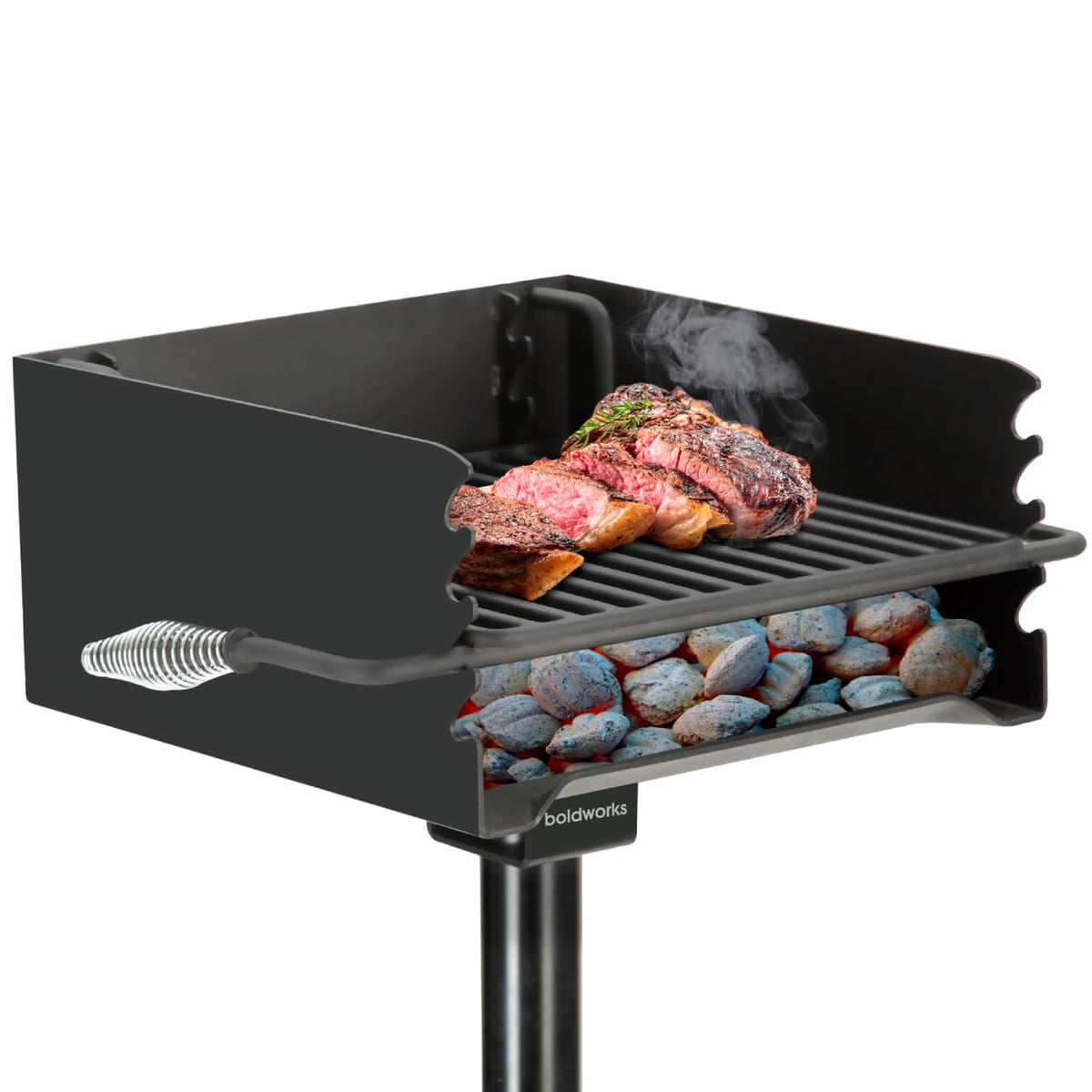 boldworks Park Grill 360-degree rotation enables precise draft control for smoke-free cooking.