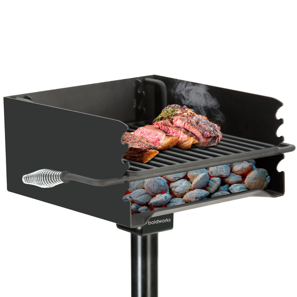 boldworks Park Grill 360-degree rotation enables precise draft control for smoke-free cooking.