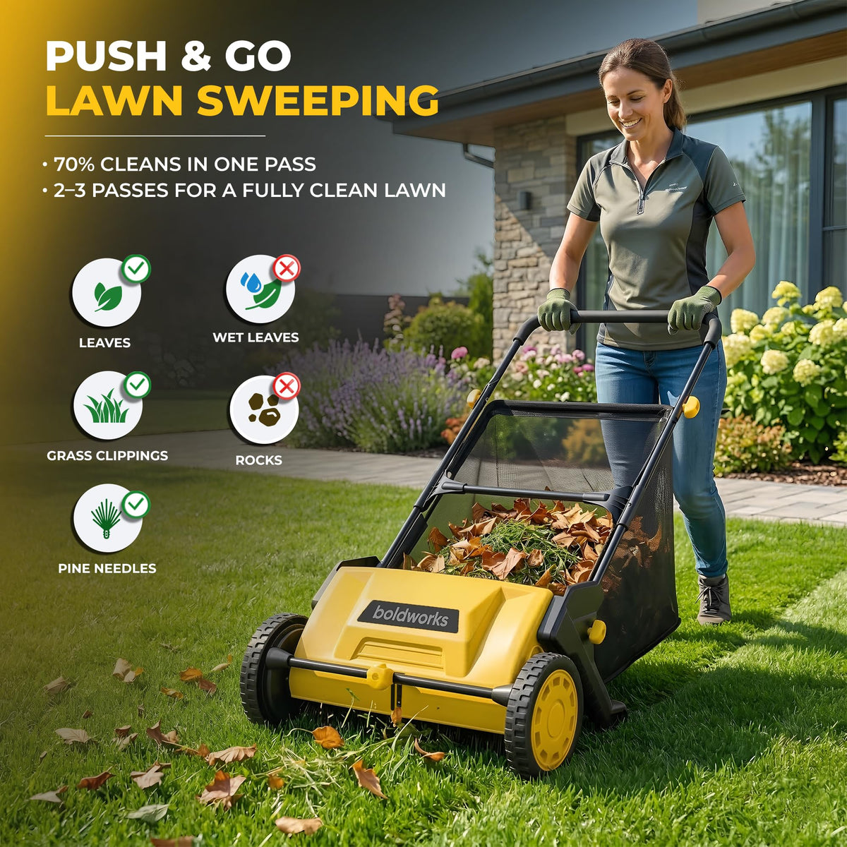 Boldworks lawn sweeper featuring a 103L hopper bag for extended use.