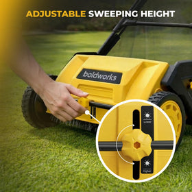 Compact storage for Boldworks lawn sweeper, vertical or wall mount.