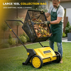Height-adjustment knob on Boldworks sweeper adapts to surfaces.