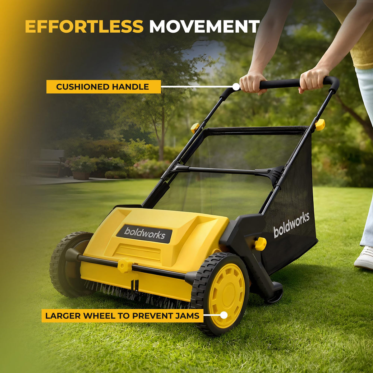 Boldworks lawn sweeper collecting grass clippings and pine needles.