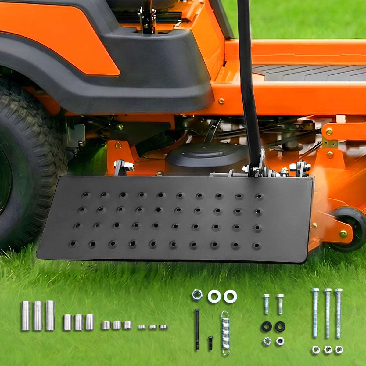 Boldworks chute blocker on a zero turn mower showing open/close control.