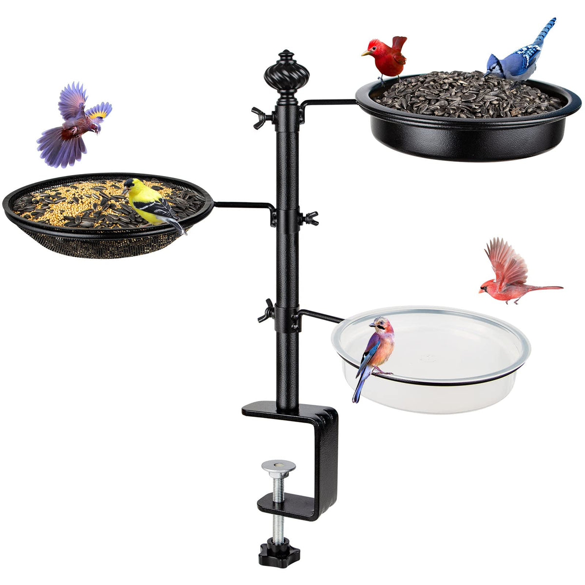 Bolite deck bird feeder on railing with three trays attracts varied backyard birds.