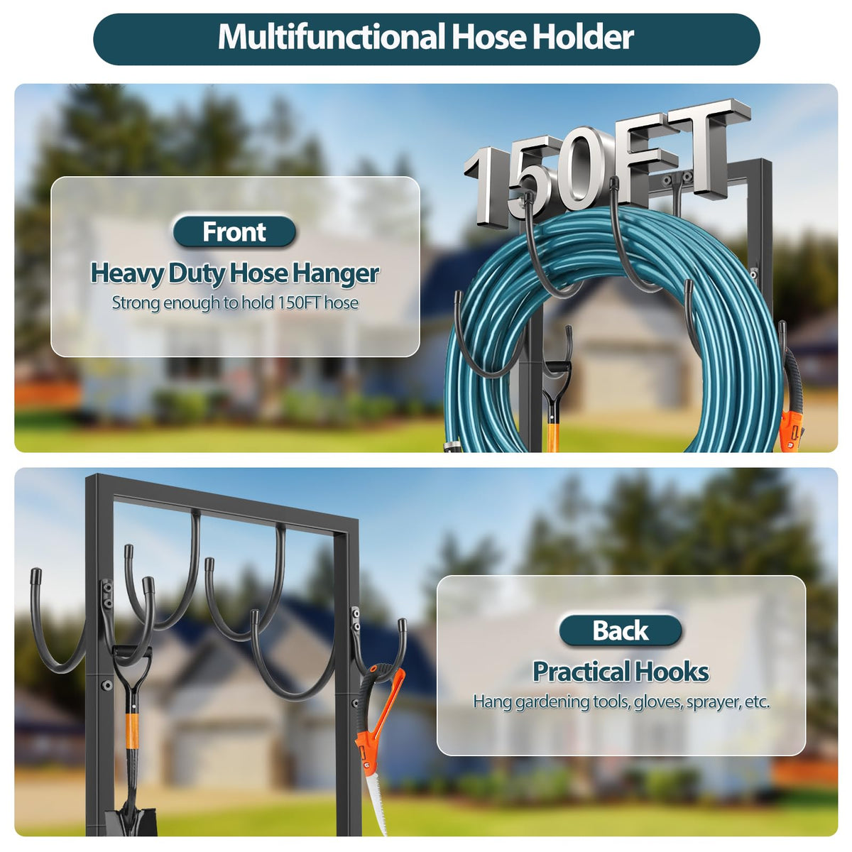 BOLITE garden hose holder with two hooks for tools and nozzle