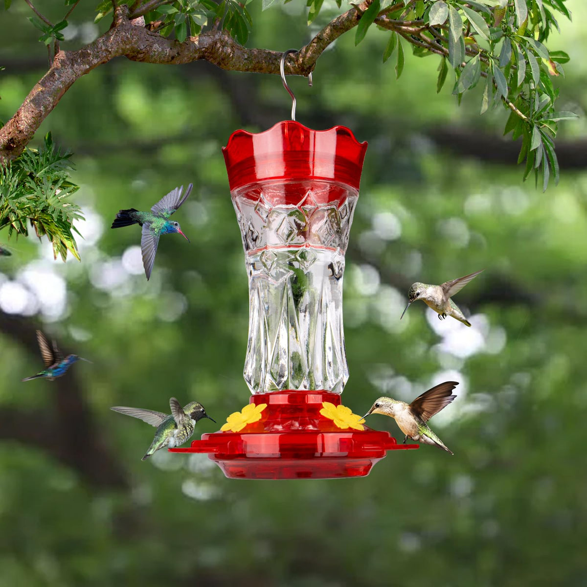Red glass bottle adds a vibrant focal point to any garden or patio setup.