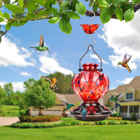 Hand-blown red glass and petals brighten outdoor spaces for nature watching.