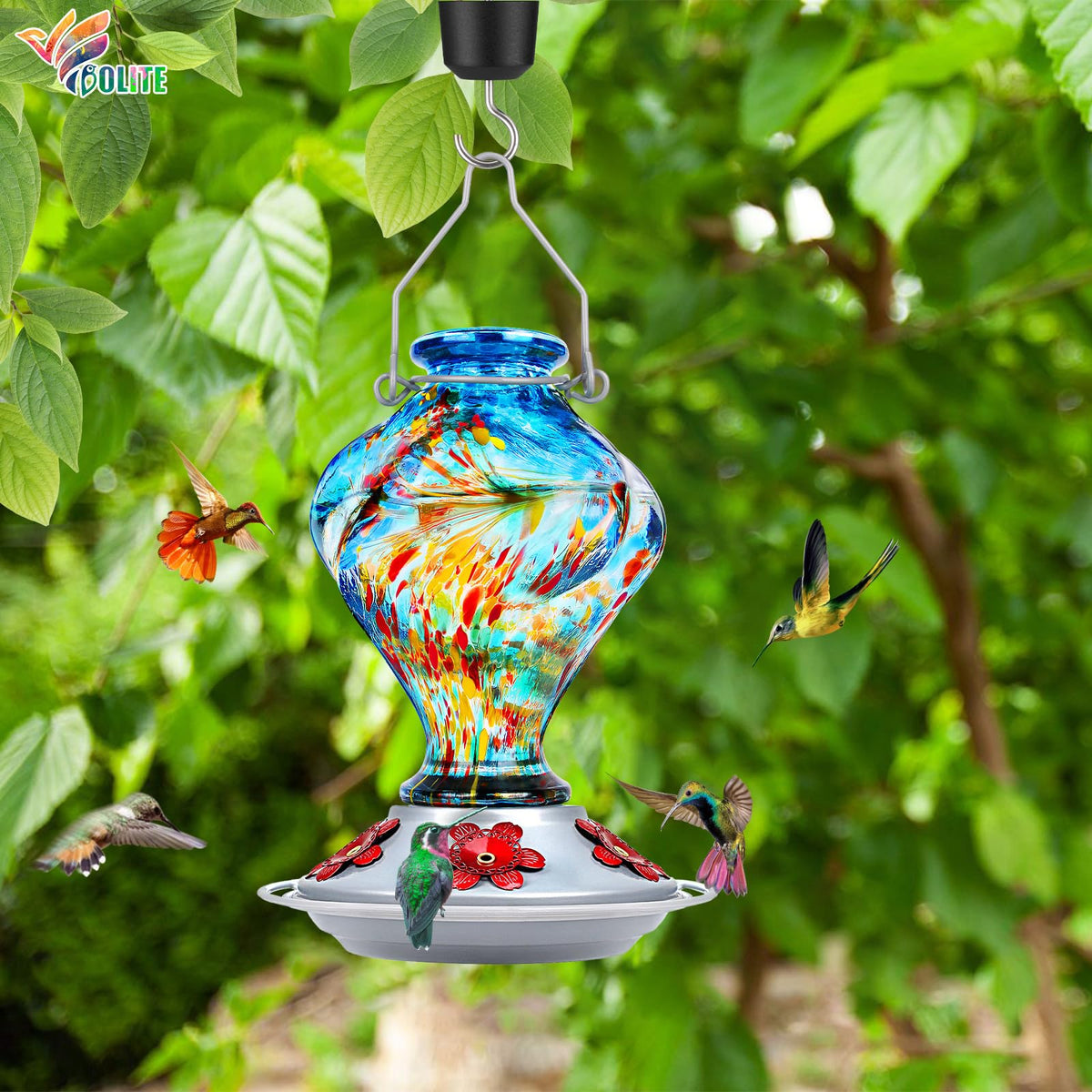 BOLITE glass hummingbird feeder showing 24oz nectar capacity for fewer refills.