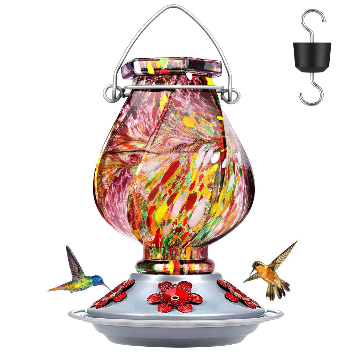 Bolite hummingbird feeder, hand-blown glass, 22oz, attracts hummingbirds outdoors.