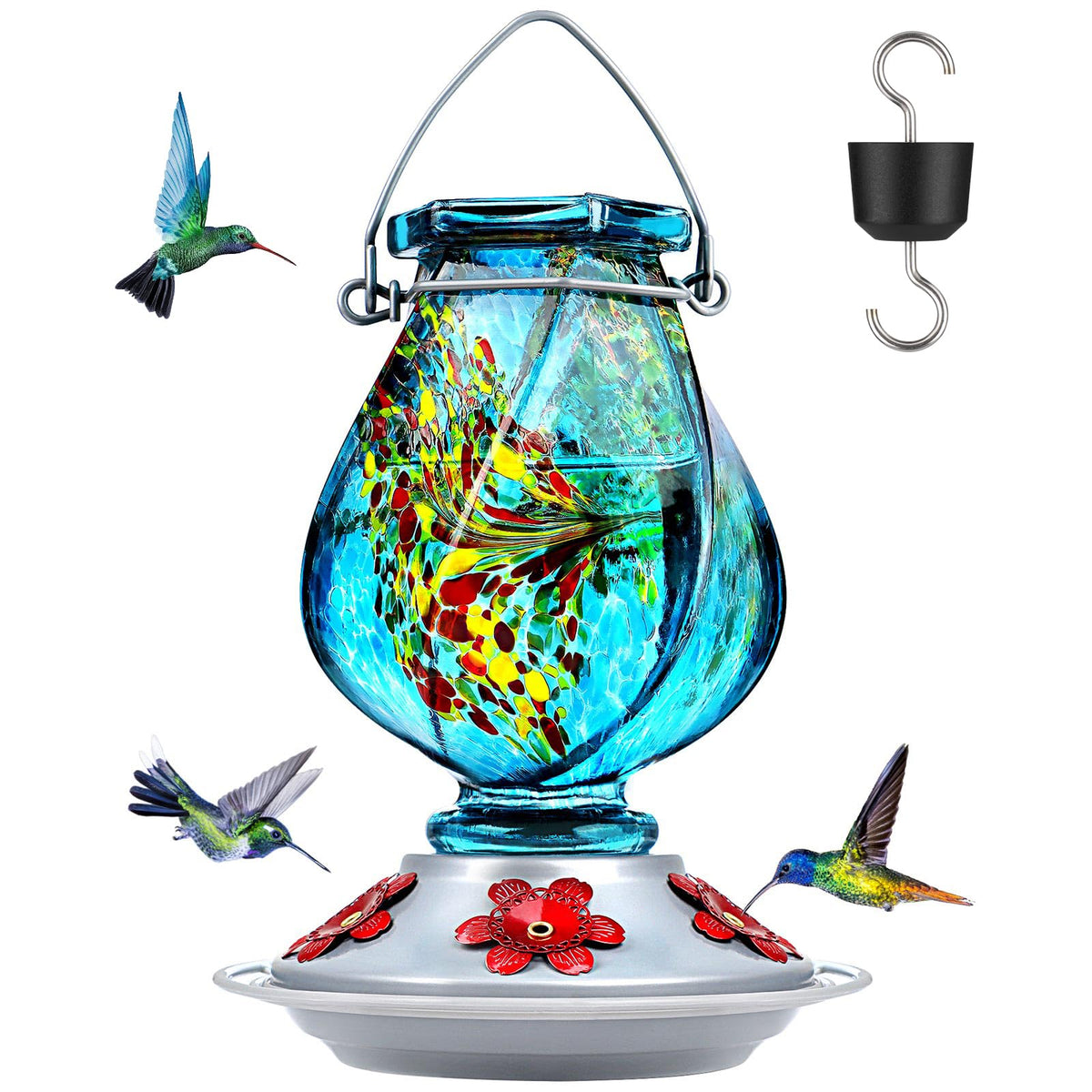 Bolite hand-blown blue glass hummingbird feeder attracts birds to your garden.