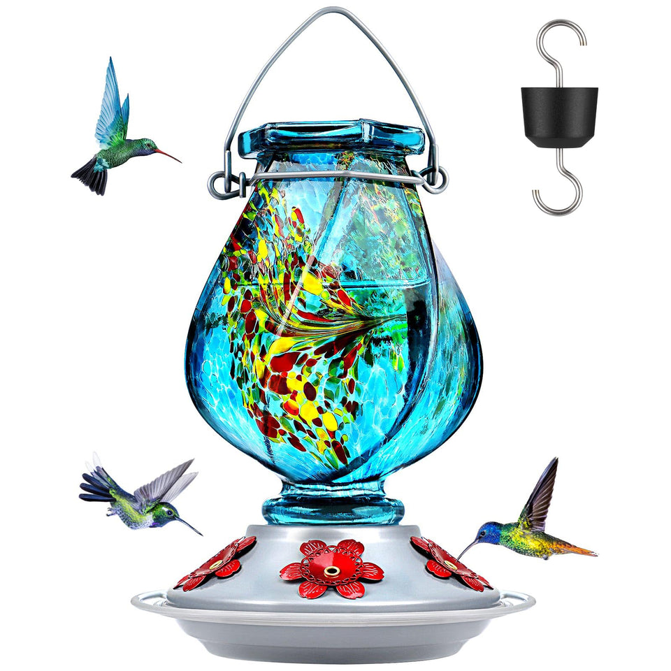 Bolite hand-blown blue glass hummingbird feeder attracts birds to your garden.