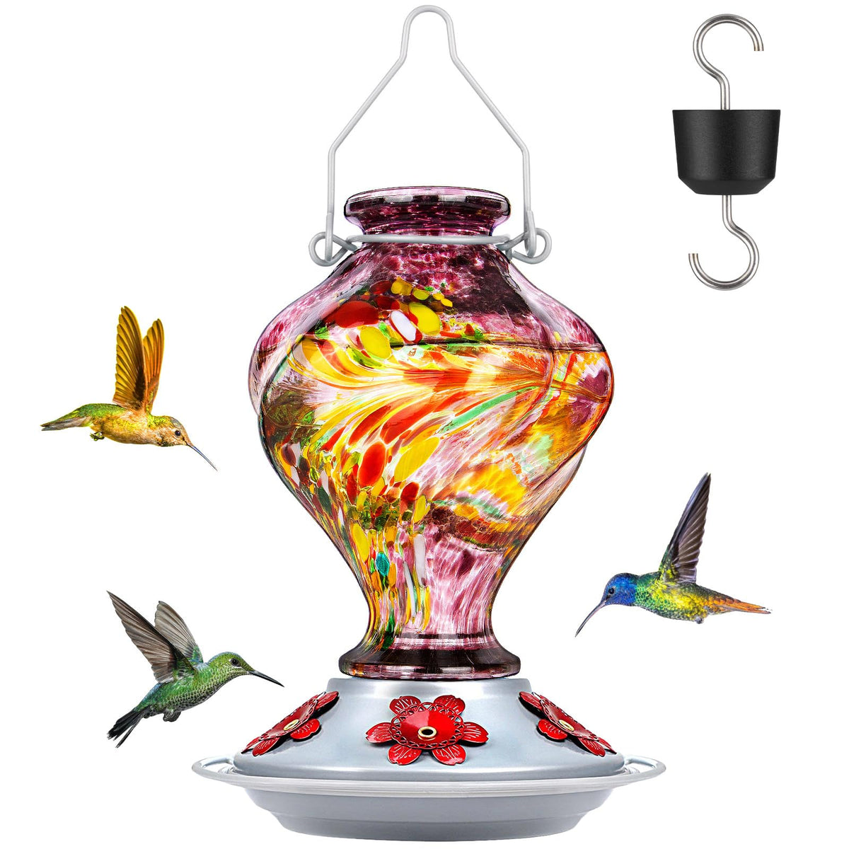 BOLITE hummingbird feeder in hand-blown twisted glass enhances garden beauty