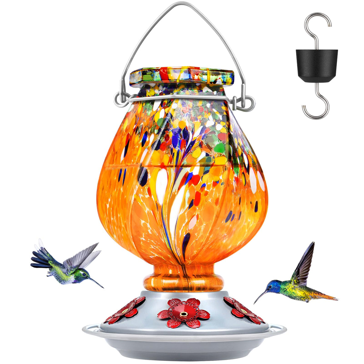 BOLITE orange hand-blown glass hummingbird feeder attracts birds in the garden.