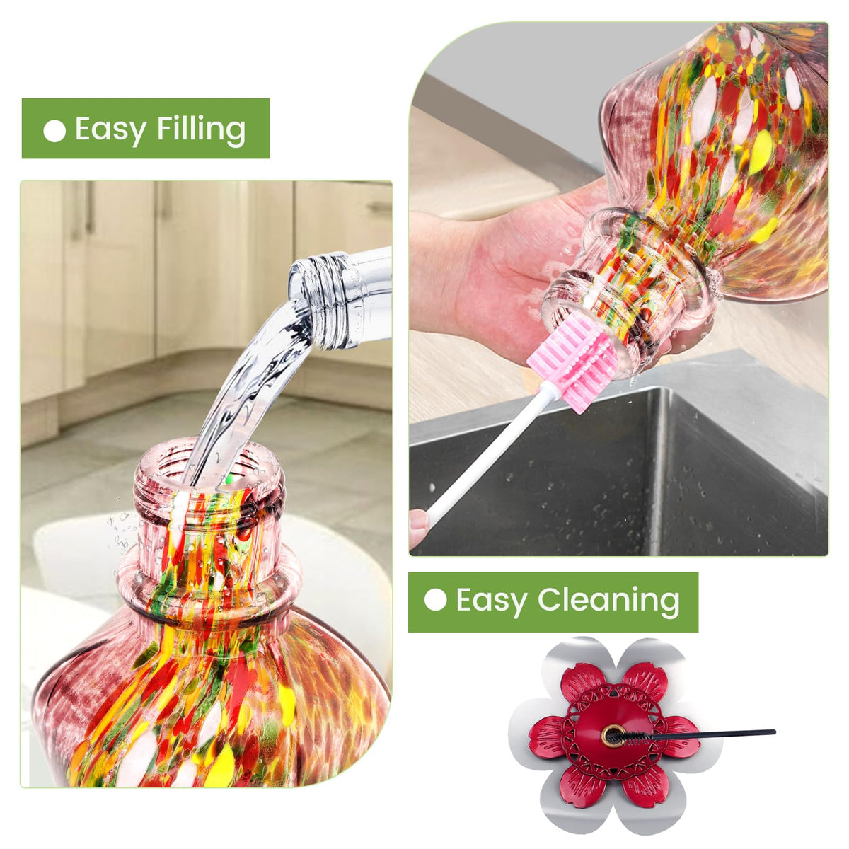 Bolite purple glass feeder adds vibrant garden color and focal point.