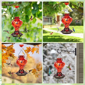 BOLITE Red glass feeder enhances visibility against greenery