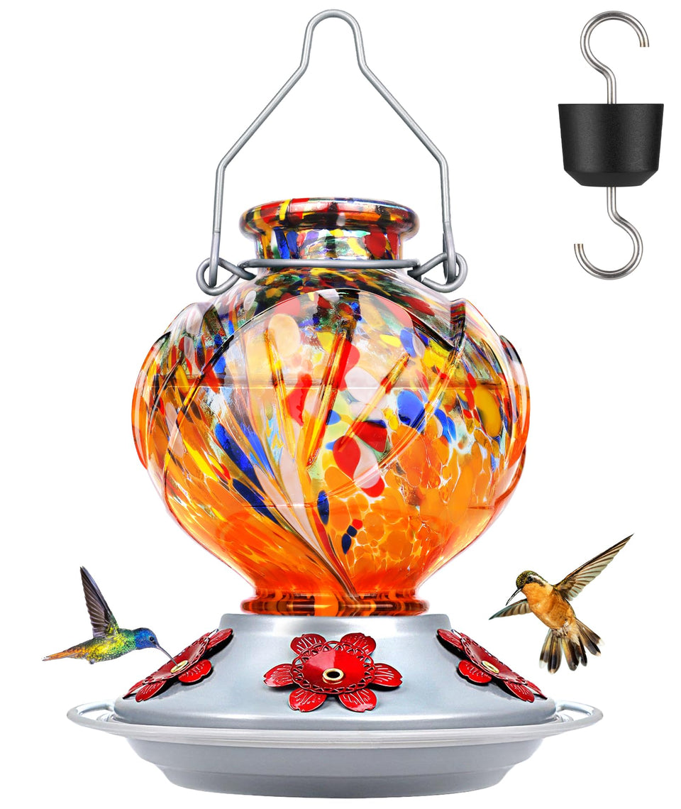 Bolite hummingbird feeder side view features the orange peony glass for an eye-catching garden accent.