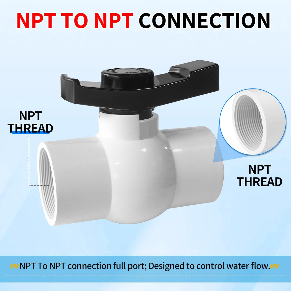 Boltigen NPT threaded PVC ball valve details on the valve threads