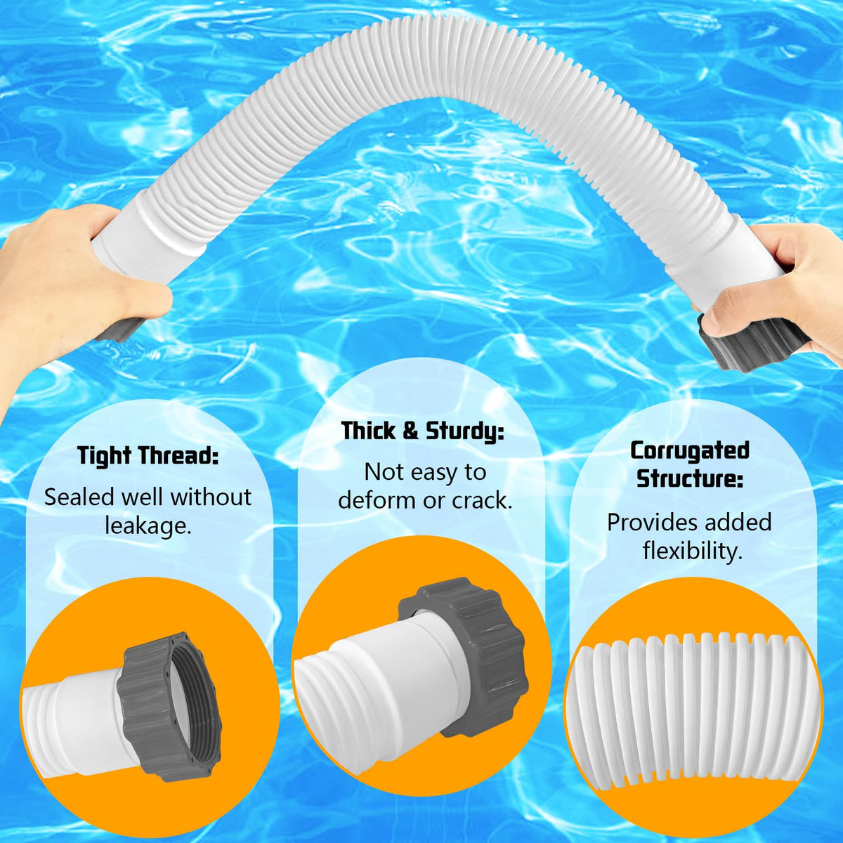 1.5-inch Boltigen hose connects to standard pool pumps.