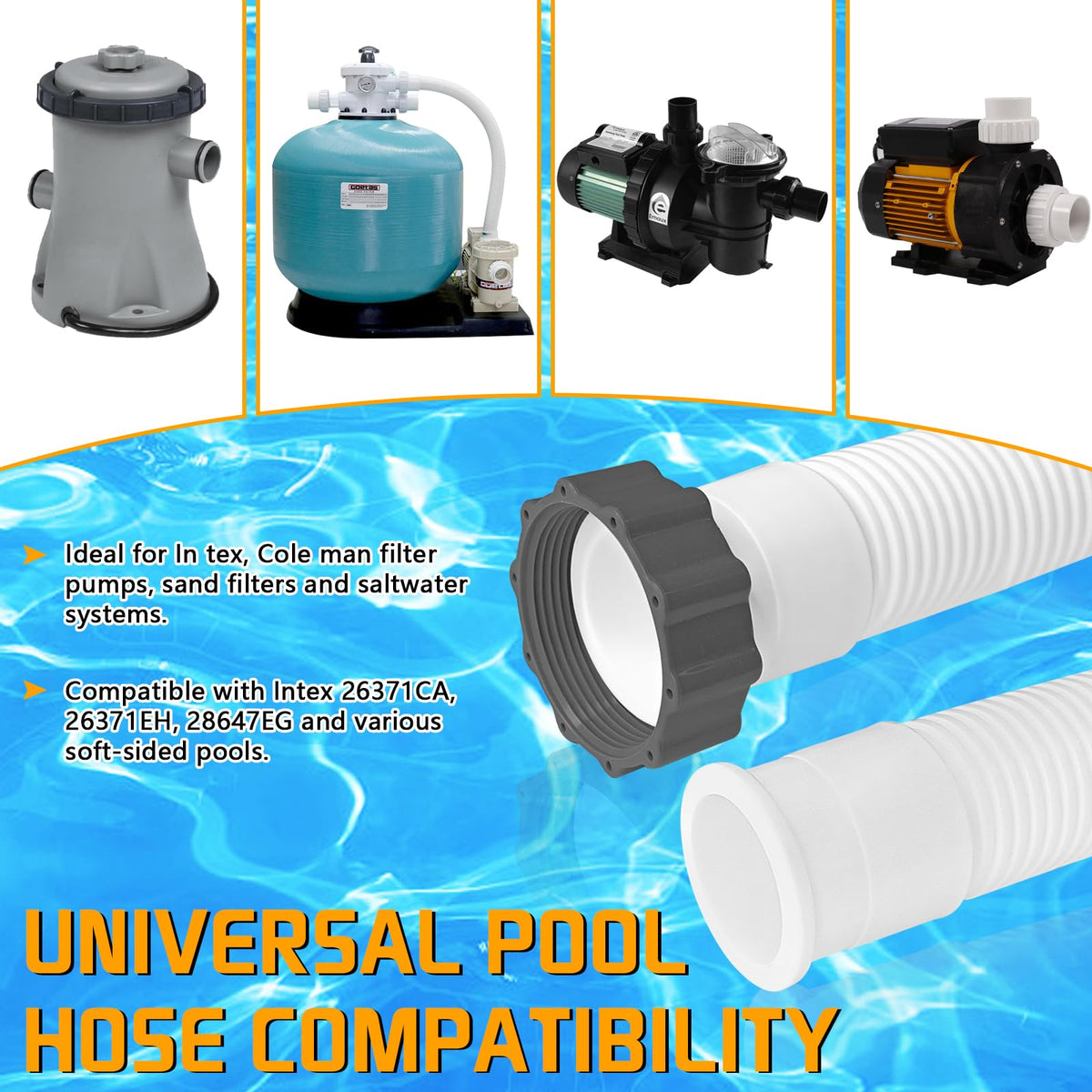 Saltwater-compatible hose supporting spa and hot tub setups.