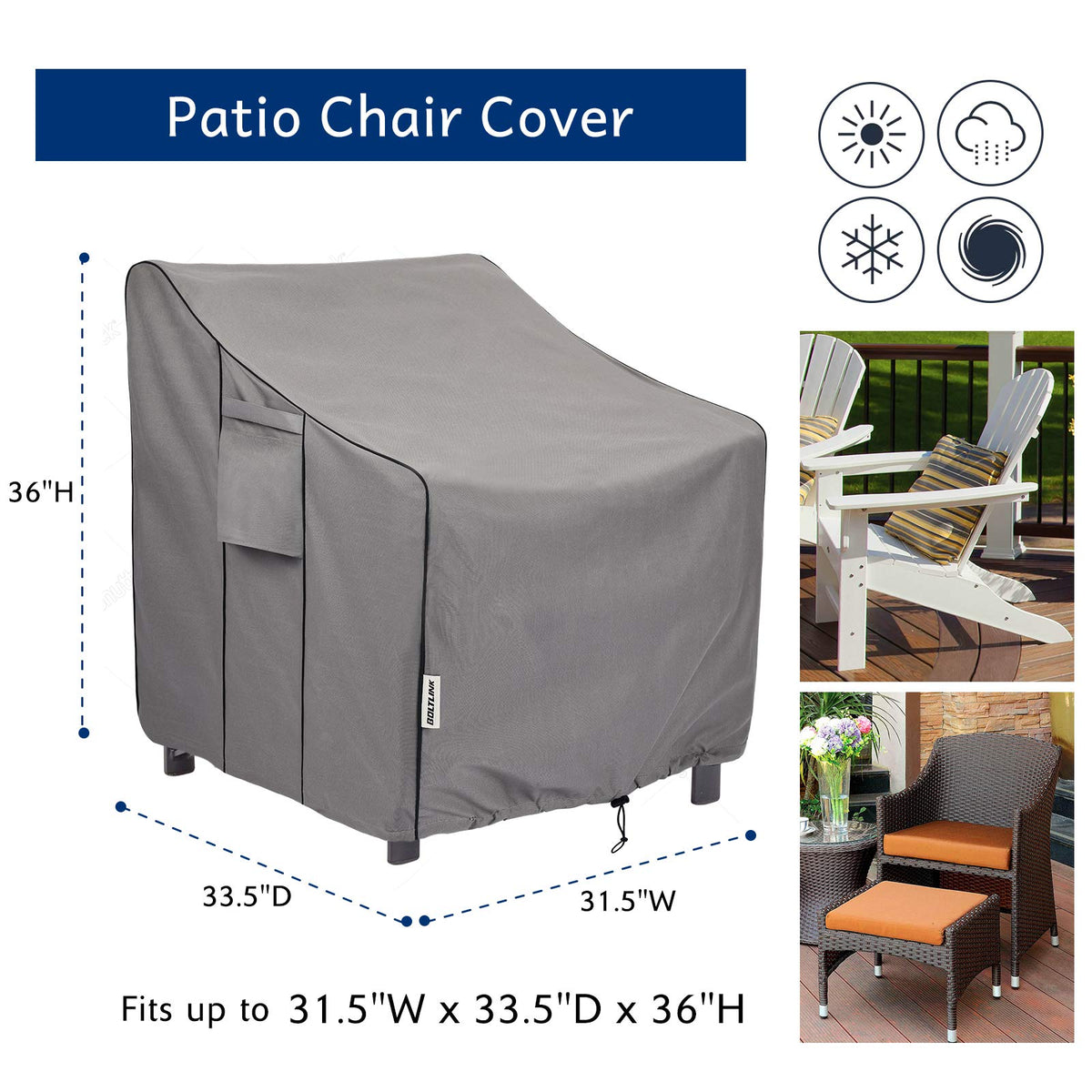 BOLTLINK outdoor chair cover with waterproof lining protects against rain.