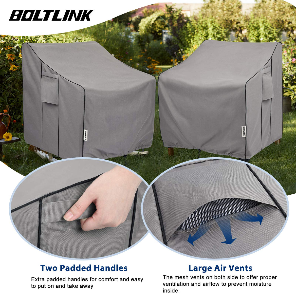 Boltlink waterproof Oxford fabric provides durable protection for outdoor chairs.