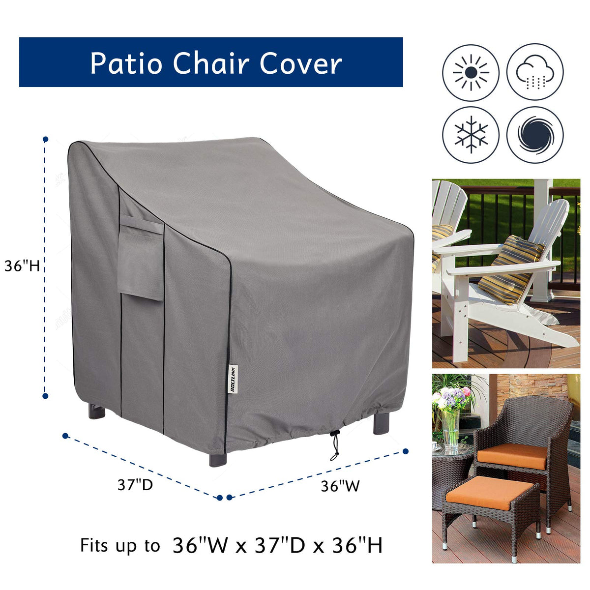 Boltlink windproof strap design keeps chair covers in place during gusty weather.