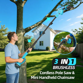 BOLTRISE extended-reach 16 ft pole saw enables high-branch pruning from ground.