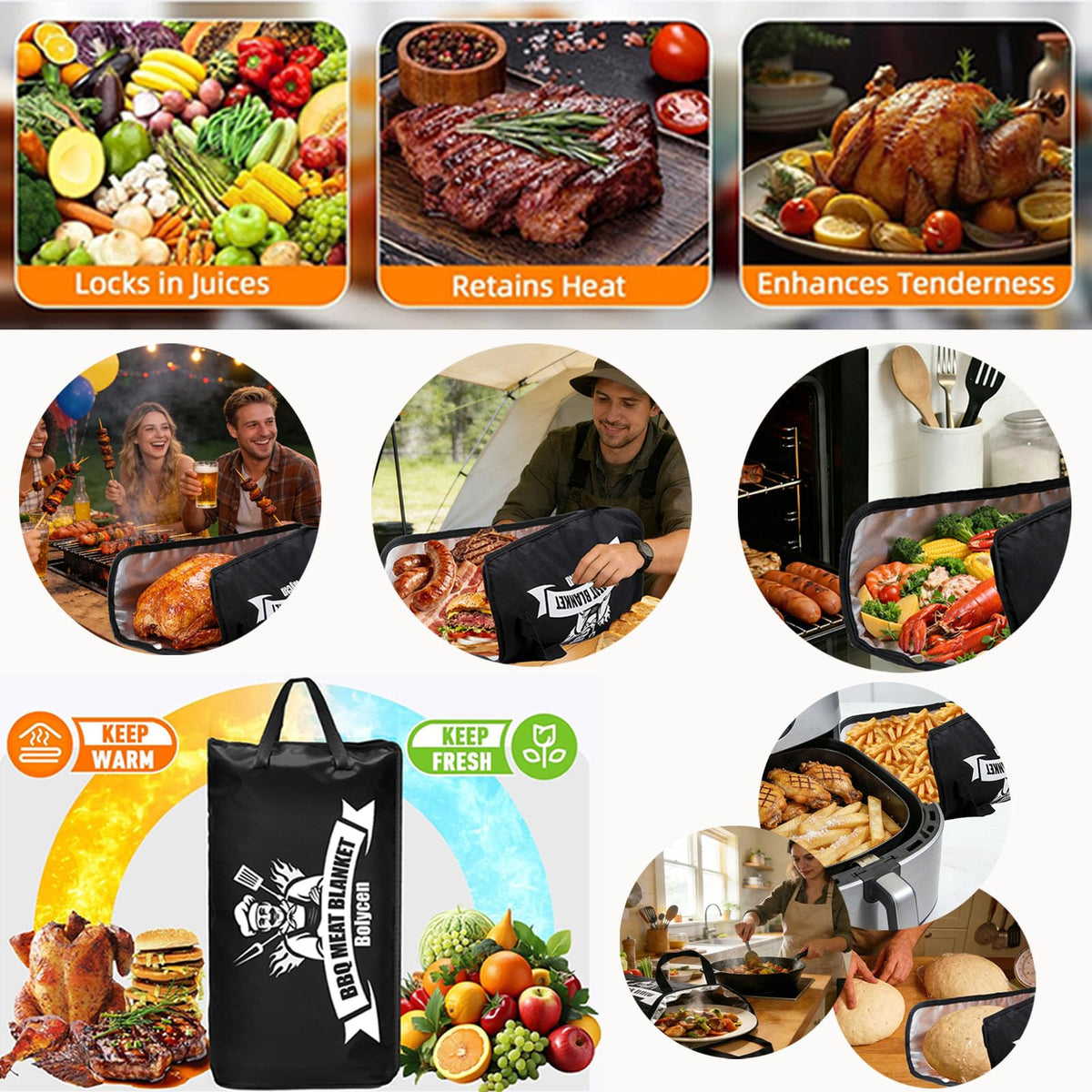 Bolycen Insulated meat resting bag with turkey showcases versatile heat retention.