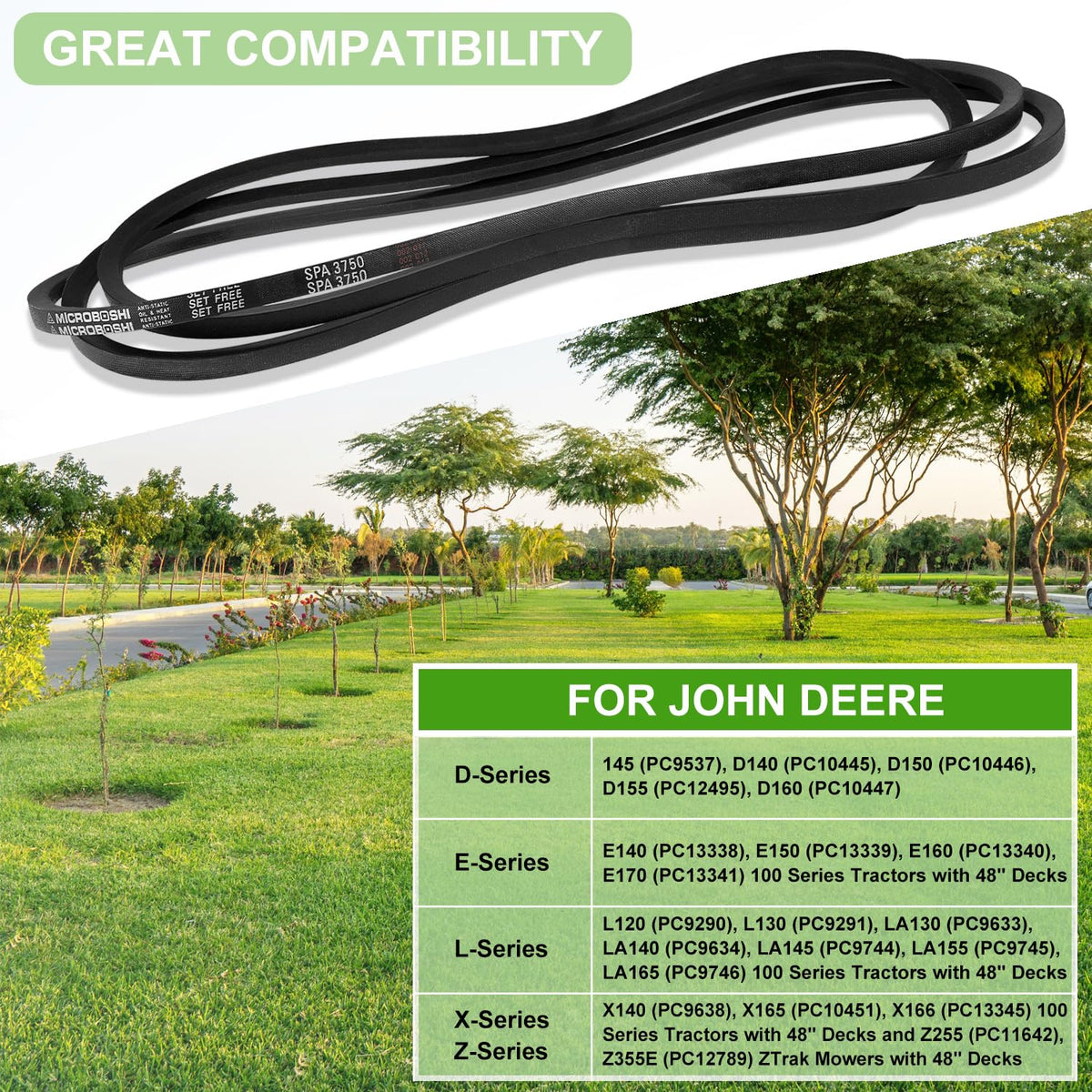 Bonbo JD 100-series 48-inch belt; smooth operation across multiple tractor models