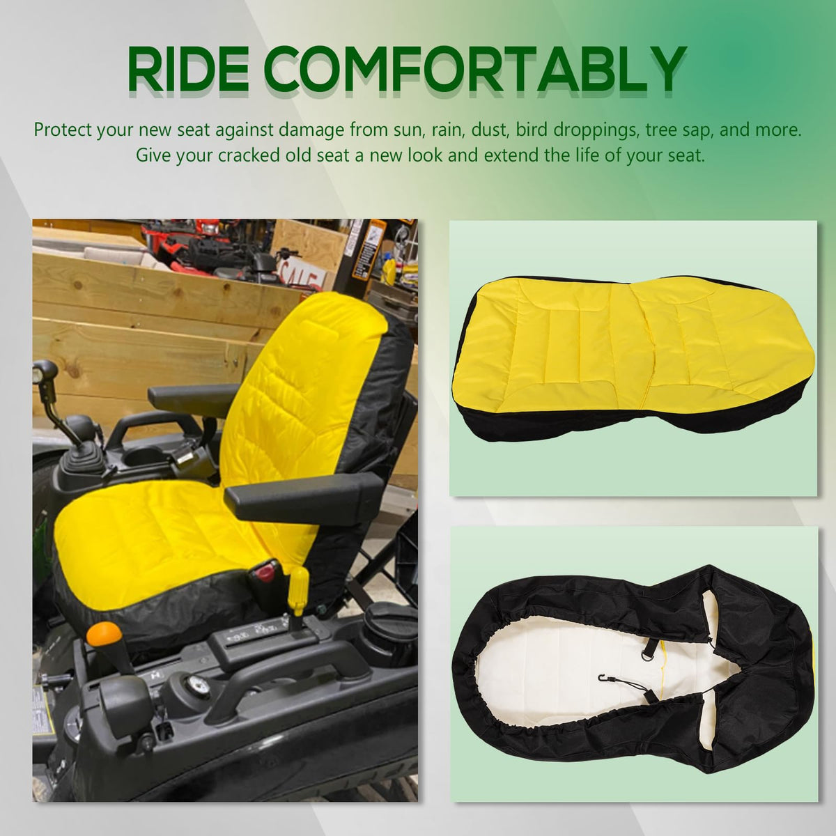 Bonbo seat cover shields against sun, rain, and dust on outdoor tasks.