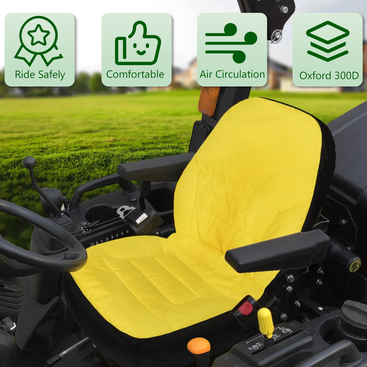 Install-ready Bonbo seat cover with hem-elastic fit for John Deere seats.