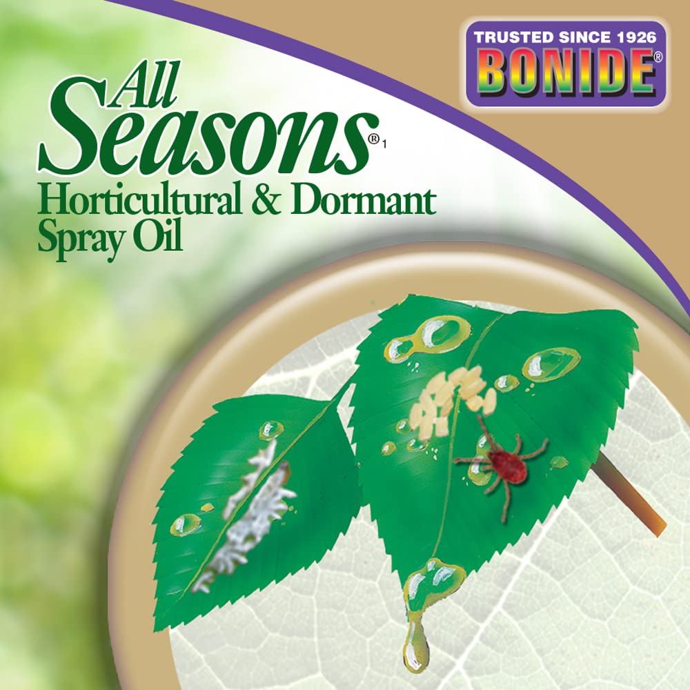 Bonide All Seasons Spray Oil label explains dormant and growth-stage uses.