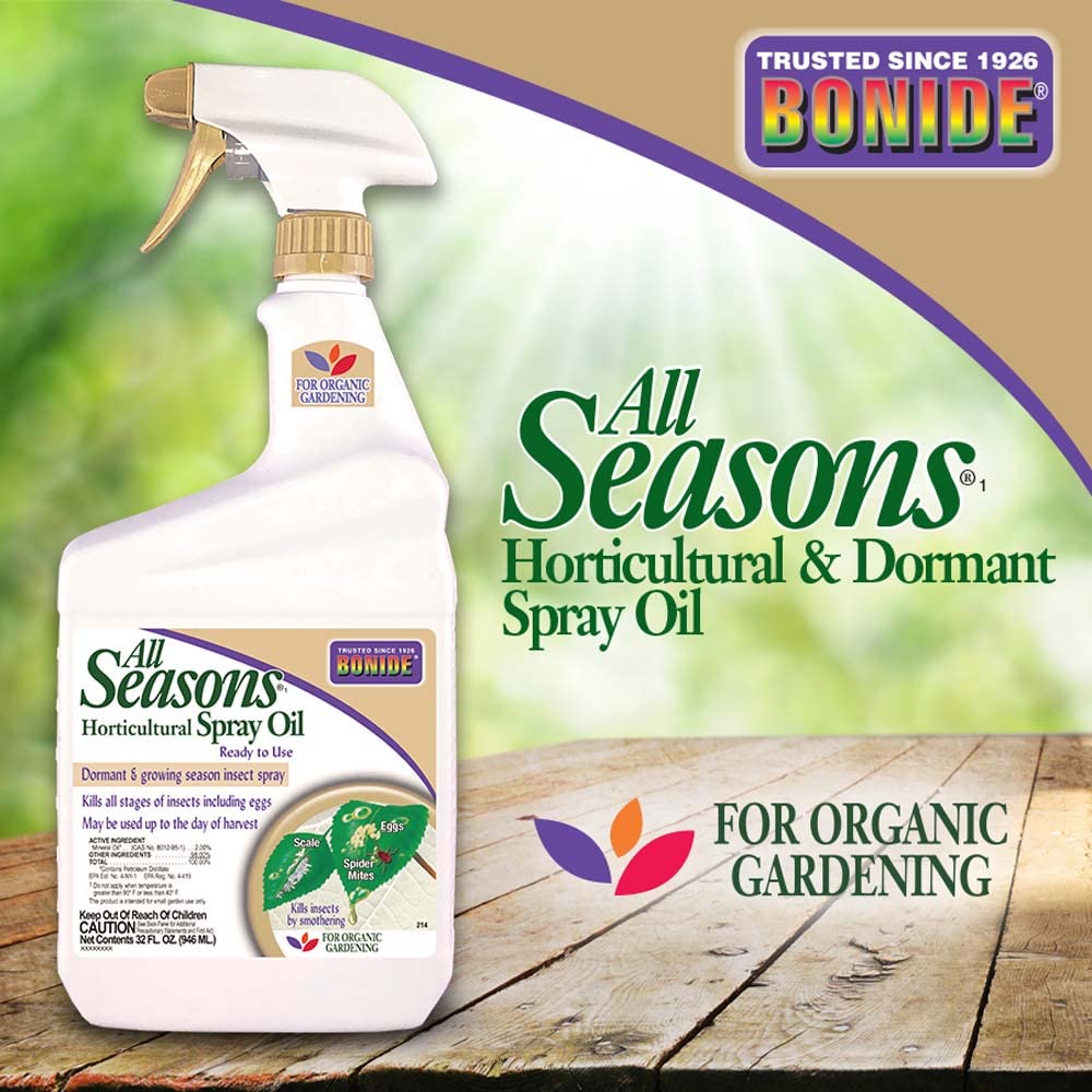Bonide All Seasons Spray Oil label detail showing organic-approved mineral oil.