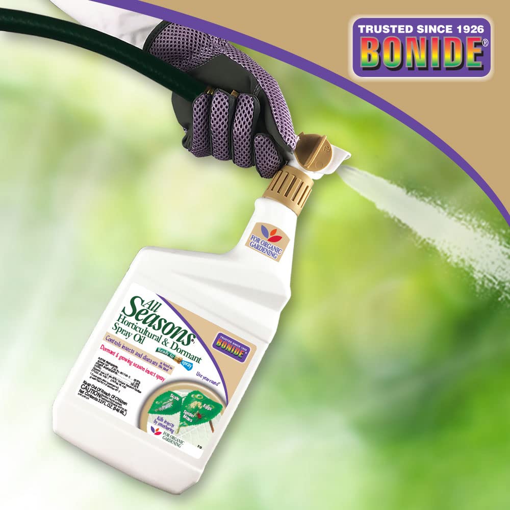 Bonide All Seasons Spray Oil on roses and shrubs guards foliage.