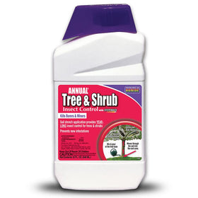 Bonide Annual Tree & Shrub Insect Control concentrate shows root uptake for year-long protection.