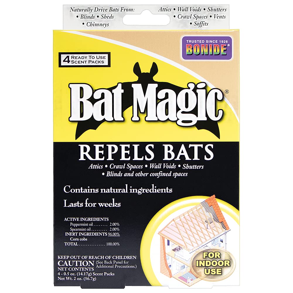 Bonide Bat Magic repellent pack closeup with peppermint blend deterring bats safely.