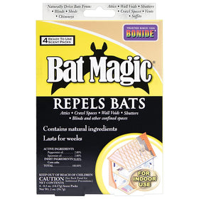 Bonide Bat Magic repellent pack closeup with peppermint blend deterring bats safely.
