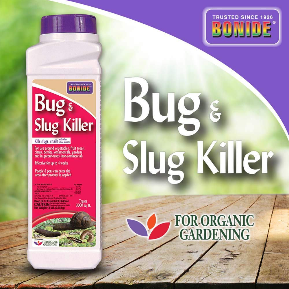 Bonide Bug and Slug Bait being applied in a home garden to protect vegetables from pests